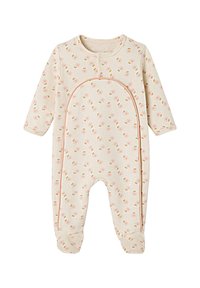 Long-sleeve onesie in soft beige fabric with small floral print. Features a rounded neckline and snap fasteners along the front.