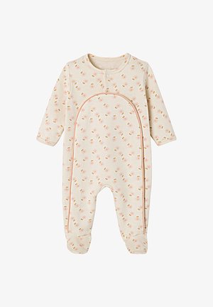 Long-sleeve onesie in soft beige fabric with small floral print. Features a rounded neckline and snap fasteners along the front.