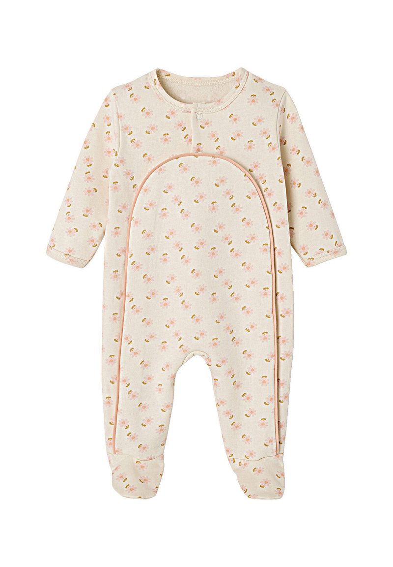Long-sleeve onesie in soft beige fabric with small floral print. Features a rounded neckline and snap fasteners along the front.