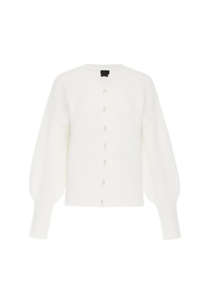 Hvid strikket cardigan med lange pufærmer og perleagtige knapper foran, vist på en ensfarvet hvid baggrund.