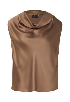 Top marrone in raso senza maniche con scollo a cappuccio drappeggiato, texture liscia e etichetta S.Oliver Black Label all’interno del collo.