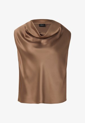 Brązowy satynowy top bez rękawów z drapowanym kołnierzem typu komin, gładką fakturą i metką S.Oliver Black Label wszytą wewnątrz kołnierza.