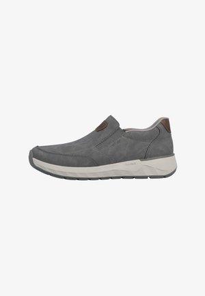 Gray slip-on shoe made of smooth leather, featuring a brown accent on the heel, textured lining, and a lightweight cushioned sole.
