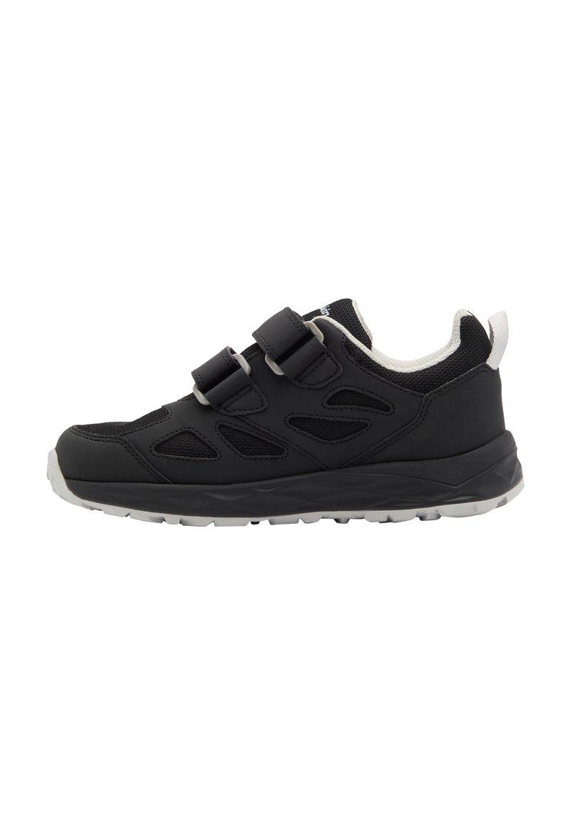 Black athletic shoe with mesh and synthetic upper, featuring two adjustable Velcro straps, a cushioned sole, and a textured gray outsole.