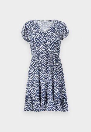 Vestito blu e bianco con motivo, caratterizzato da una scollatura a V, maniche corte a palloncino, vita elastica e orlo a balze sovrapposte. Realizzato in tessuto leggero.