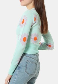 Maglione verde menta chiaro con motivi di margherite rosa e arancioni, design aderente, maniche lunghe e orlo a costine. Indossato sopra jeans azzurri.