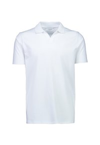 Biała koszulka polo, krótki rękaw, materiał bawełniany, z kołnierzykiem i dekoltem w serek. Prosty wzór, bez zdobień i akcentów.