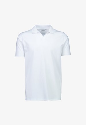 Witte poloshirt, korte mouwen, katoenen materiaal, met een kraag en een V-hals. Eenvoudig ontwerp, zonder patronen of accenten.