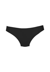 Czarne majtki bikini wykonane z miękkiego, elastycznego materiału. Charakteryzują się niskim stanem i gładkimi krawędziami bez widocznych elementów metalowych czy wzorów.