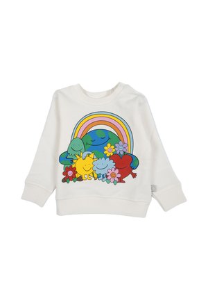 Felpa bianca a maniche lunghe per bambini con grafica colorata di un cartone animato che rappresenta la terra, il sole, un cuore, una nuvola, fiori e un arcobaleno sul davanti.