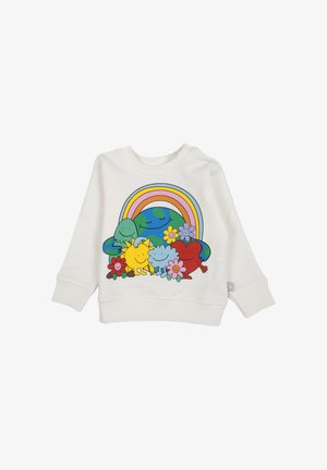 Felpa bianca a maniche lunghe per bambini con grafica colorata di un cartone animato che rappresenta la terra, il sole, un cuore, una nuvola, fiori e un arcobaleno sul davanti.