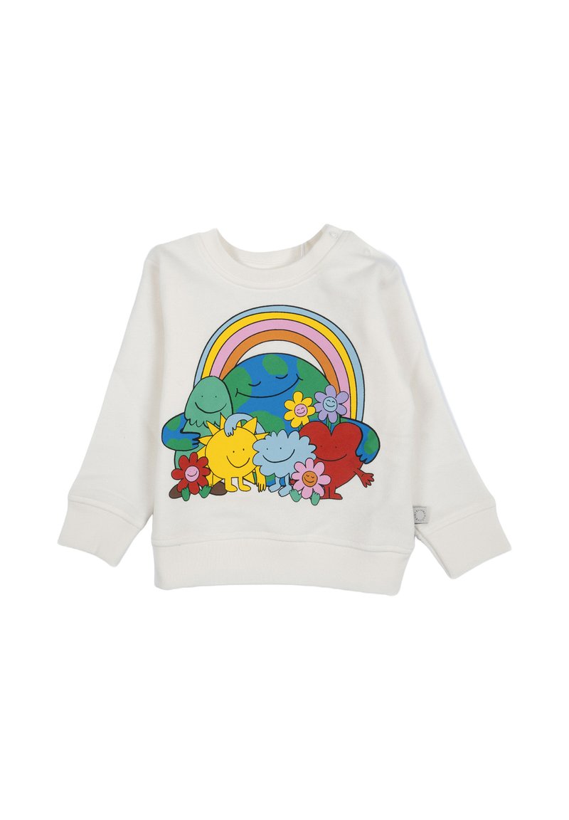 Felpa bianca a maniche lunghe per bambini con grafica colorata di un cartone animato che rappresenta la terra, il sole, un cuore, una nuvola, fiori e un arcobaleno sul davanti.