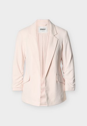 Light pink tailored blazer with notch lapels, two front flap pockets, and three-quarter sleeves, displayed on white background.