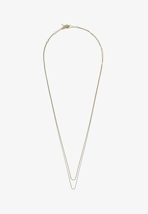 Collana a doppia catena in oro e argento con maglie fini e lisce, dotata di una leggera lucentezza, creando un effetto a più strati. Inclusi chiusura e regolazioni.