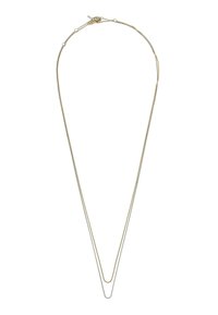 Collana a doppia catena in oro e argento con maglie fini e lisce, dotata di una leggera lucentezza, creando un effetto a più strati. Inclusi chiusura e regolazioni.
