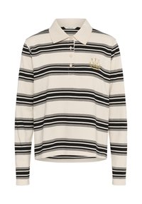 Polo cu mâneci lungi de culoare crem, cu dungi alb-negru, guler, trei nasturi și broderie aurie "NYC" pe piept.