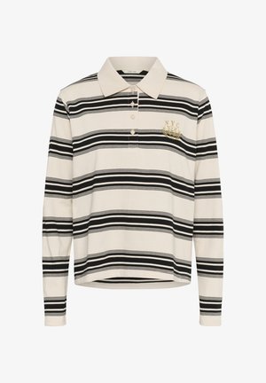 Polo cream à manches longues avec des rayures noires et blanches, col à revers, trois boutons et broderie dorée "NYC" sur la poitrine.