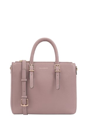 Leren handtas in gedempt mauve, met dubbele handvatten bovenaan, een verstelbare schouderband en gouden hardware accenten. Gestructureerd oppervlak.