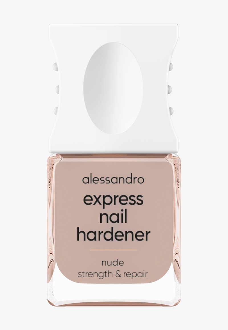 Nagelverharder in een transparant glazen flesje met een witte dop. De tint is een zachte nude, gelabeld met "nude strength & repair."