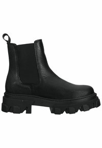 Stivale alla caviglia in pelle nera texturizzata con pannelli laterali elastici, una linguetta e una suola in gomma spessa con modelli di battistrada pronunciati.