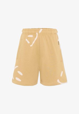 Beige shorts met een elastische taille, voorzien van subtiele abstracte witte patronen en zijzakken, ontworpen voor casual gebruik.