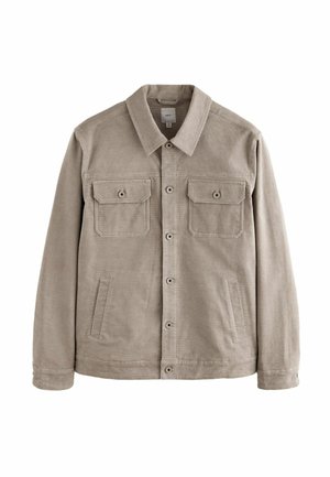 Beige Cord-Jacke mit geradem Schnitt, spitzem Kragen, zwei aufgesetzten Brusttaschen und seitlichen Einschubtaschen.
