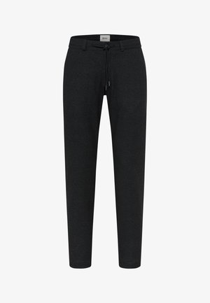 Jogging neri in maglia con vita regolabile, gambe affusolate e una texture sottile. Presenta un elastico in vita per garantire comfort.