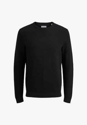 Zwarte gebreide trui met een geribbeld patroon, ronde halslijn en lange mouwen. Heeft een aansluitende zoom en manchetten. Merklabel zichtbaar aan de binnenkant van de kraag.