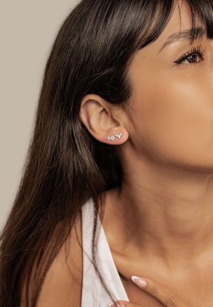 Silberne Ohrringe mit floralem Design, verziert mit kleinen Kristallakzenten, die am Ohr eines Models angelegt sind und zu glattem, dunklem Haar passen.