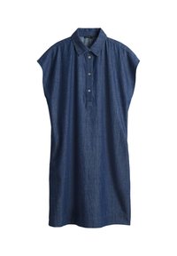 Robe en jean bleu foncé sans manches avec un col et trois boutons sur le devant sur un fond blanc uni.