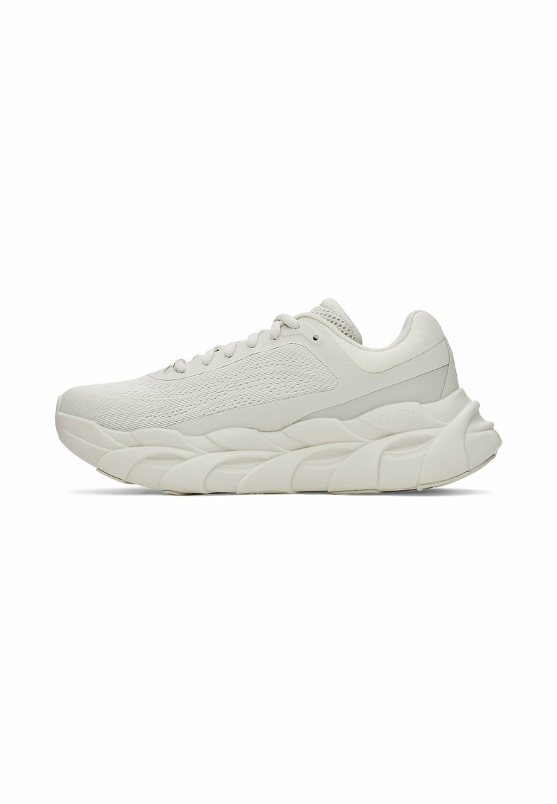 Lightweight running shoes in white, featuring a textured mesh upper, cushioned sole with layered design, and rounded toe for comfort.