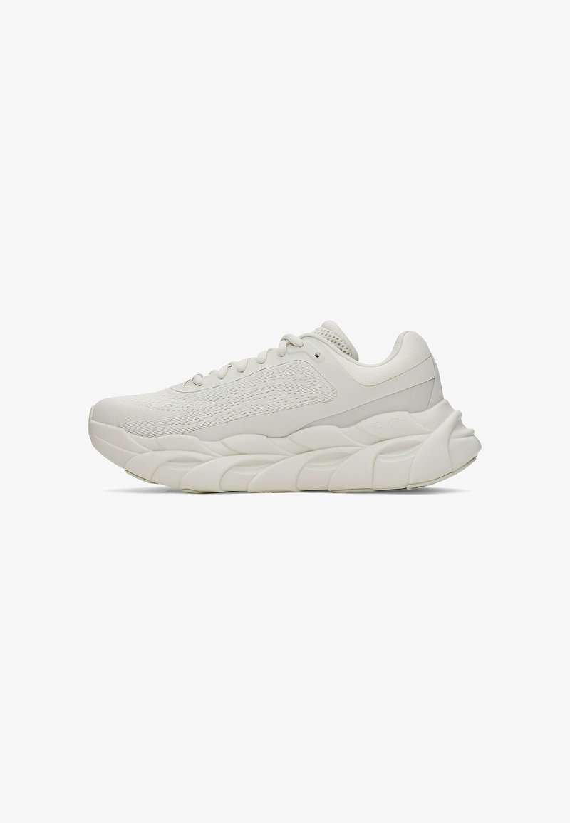 Lightweight running shoes in white, featuring a textured mesh upper, cushioned sole with layered design, and rounded toe for comfort.