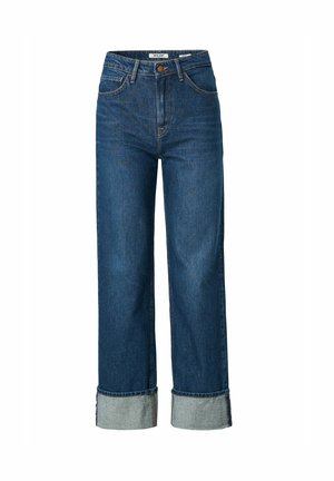 Jeans de mezclilla azul con cintura alta, piernas anchas y puños doblados. Presenta costuras naranjas y un solo botón de cierre frontal.