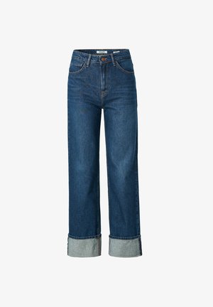 Modré denimové džíny s vysokým pasem, širokými nohavicemi a ohrnutými manžetami. Mají oranžové švy a jediné zapínání vpředu na knoflík.