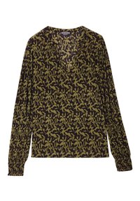 Blusa a maniche lunghe con scollatura a V, caratterizzata da un motivo astratto verde oliva e nero, realizzata in un tessuto morbido e testurizzato.