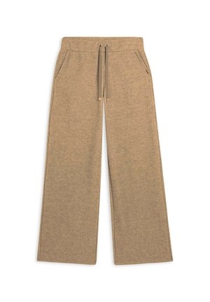 Pantaloni a gamba larga color khaki realizzati in tessuto morbido, con una vita elasticizzata munita di lacci e due tasche laterali. Texture liscia su tutta la superficie.