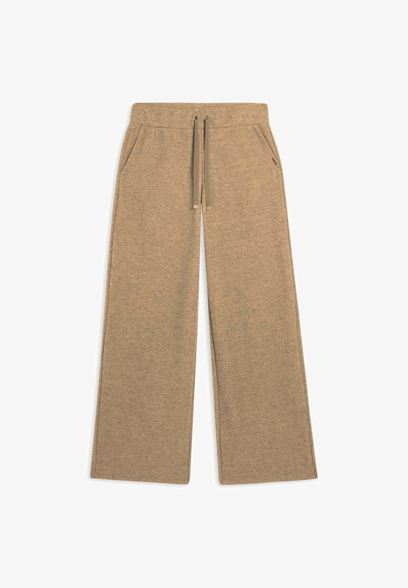 Pantalons larges de couleur kaki en tissu doux, dotés d'une taille élastique avec cordons de réglage et de deux poches latérales. Texture lisse sur toute la surface.
