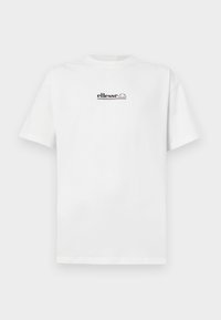 Camiseta de algodón de manga corta blanca, con un pequeño logo negro de "ellesse" centrado en el pecho. Diseño clásico de cuello redondo.