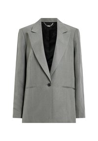 Grau maßgeschneiderter Blazer mit einem Ein-Knopf-Verschluss, geschlitzten Revers und zwei vorderen Taschen. Glatte Textur und schwarzes Innenfutter.