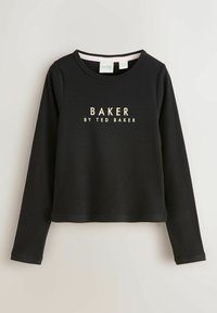 Zwarte longsleeve top met ribbelstructuur, voorzien van de tekst "BAKER BY TED BAKER" in goude letters op de voorkant en een ronde hals.