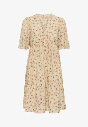 Floral dress in light beige with short puff sleeves, V-neckline, gathered bodice, and tiered skirt featuring pink and purple flower patterns.