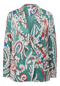 Grüne Blazer mit floralem Design in Rot, Weiß und Blau. Mit Reverskragen, doppelten Knöpfen und zwei Vorderaschen. Glatte Textur.