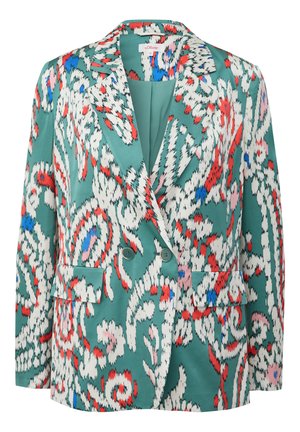 Zielony żakiet w kwiatowy wzór w kolorach czerwonym, białym i niebieskim. Posiada wyłogowy kołnierz, podwójne guziki i dwie przednie kieszenie. Gładka tekstura.