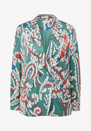 Grüne Blazer mit floralem Design in Rot, Weiß und Blau. Mit Reverskragen, doppelten Knöpfen und zwei Vorderaschen. Glatte Textur.