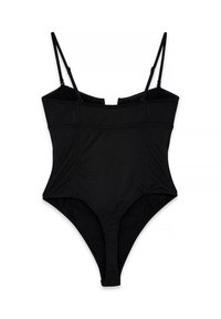 Czarny bodysuit z cienkimi, regulowanymi ramiączkami, z wyrafinowanym krojem, gładką teksturą i wysokimi wycięciami na nogawkach. Bez widocznego metalowego okucia.