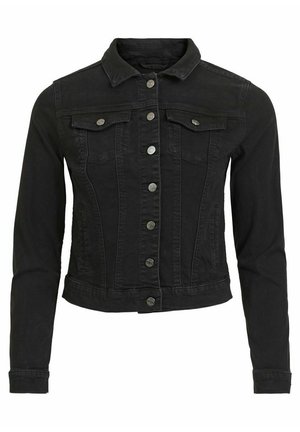 Czarna kurtka dżinsowa z długimi rękawami, zapinana na guziki z przodu, z kołnierzem i dwoma zasuwanymi kieszeniami na piersi z guzikami.