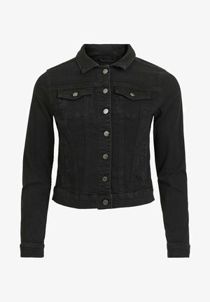 Black denim jacket with long sleeves, button-up front, collar, and two chest flap pockets with buttons.