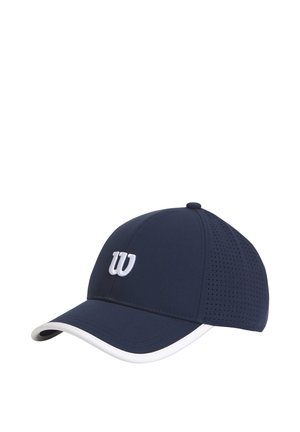 Marineblå baseballkasket med hvidt "W"-logo foran, perforerede sidepaneler for ventilation og hvid kant på den buede skygge.