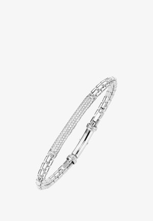 Silbernes Armband mit einem Kettenmuster, verziert mit einem Mittelteil aus kleinen Strasssteinen, polierter Oberfläche und glatten Kanten.