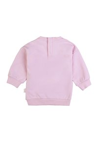 Felpa rosa chiaro realizzata in morbido tessuto, con collo alto, schiena con bottoni e polsini e orlo ribattuti. Texture liscia, design casual.